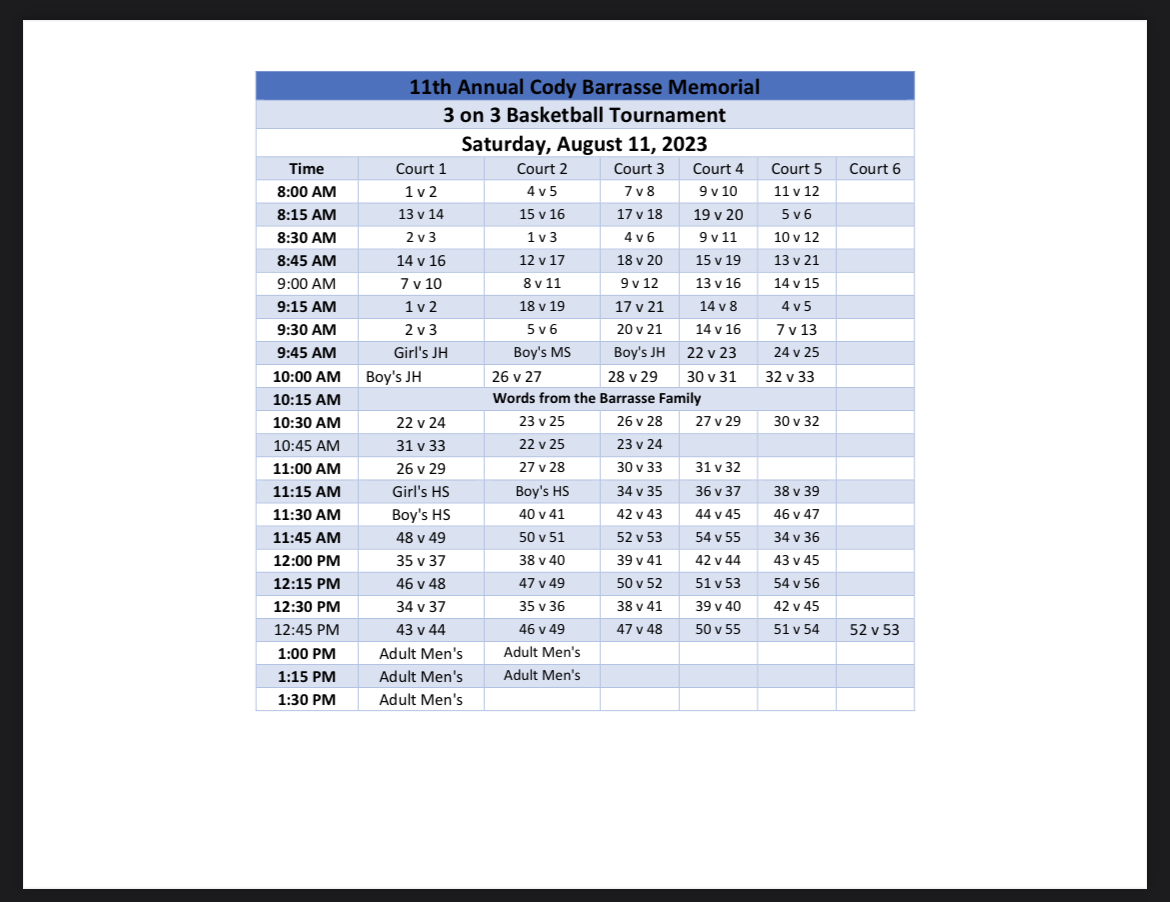 Official Tournament Schedule